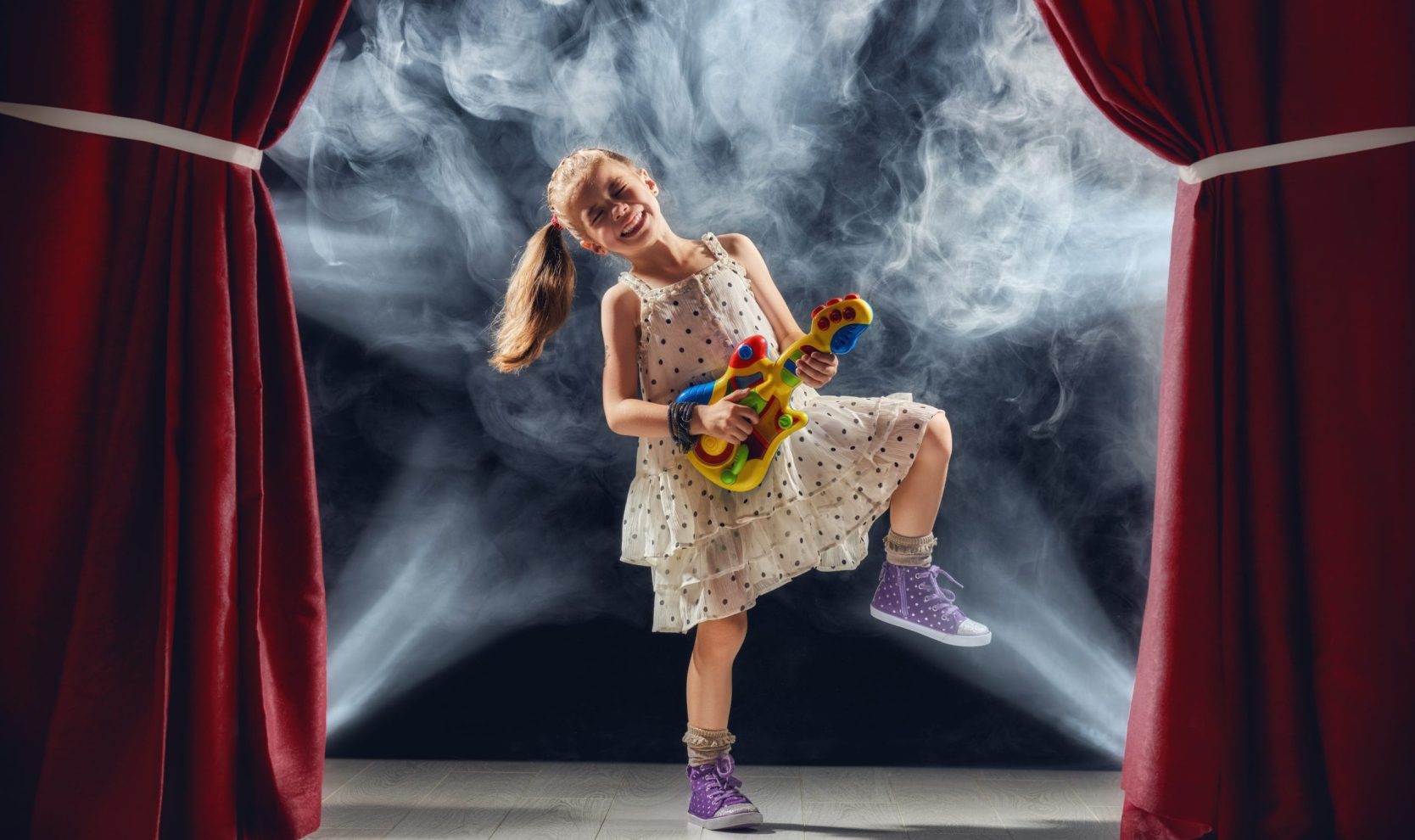 Cute,Little,Child,Girl,Playing,Guitar,On,Stage.,Kid,Dreams